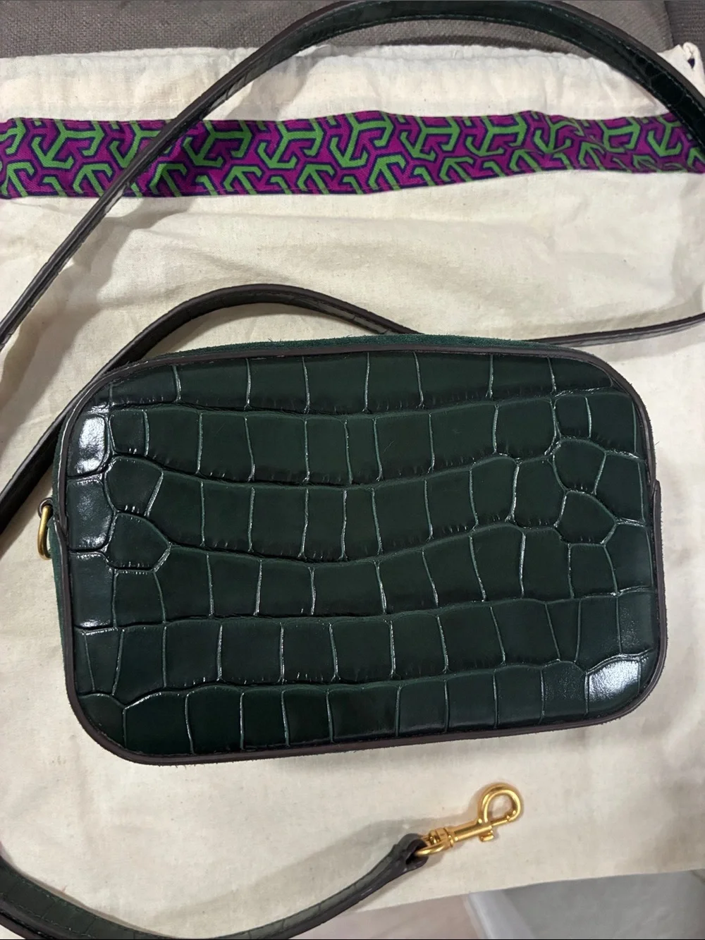 Tory Burch Forest Green Croc-Embossed Camera Bag with Gold Logo
